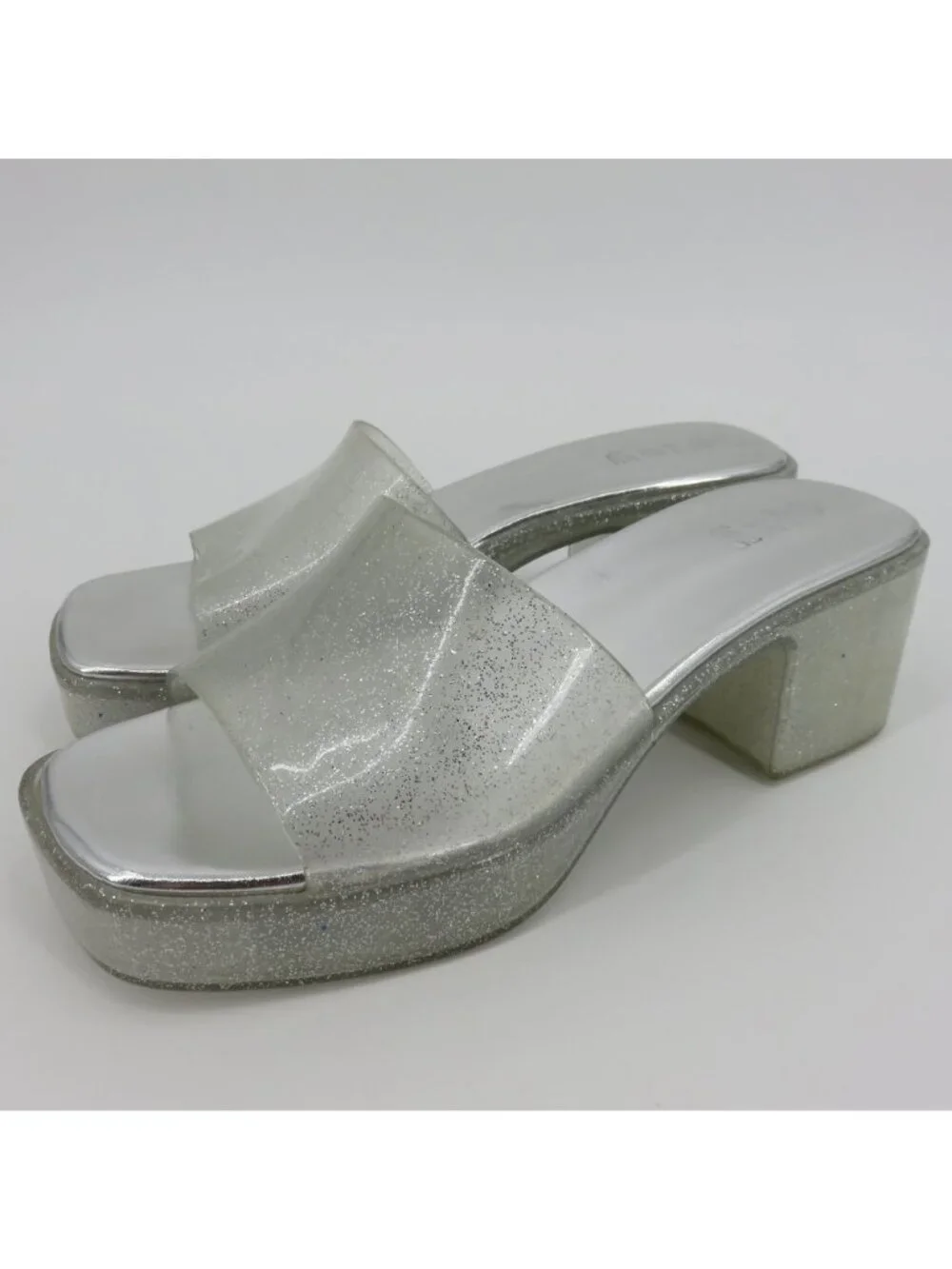 Play Women 7 US Silver Glitter Chunky Heel Platform Slide Shoes Sandals Costume